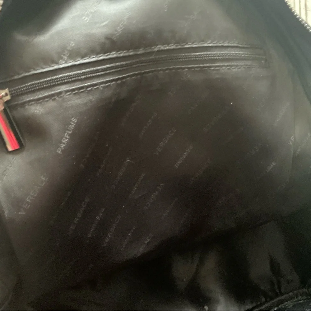 Versace Medusa head black faux patent leather nylon backpack